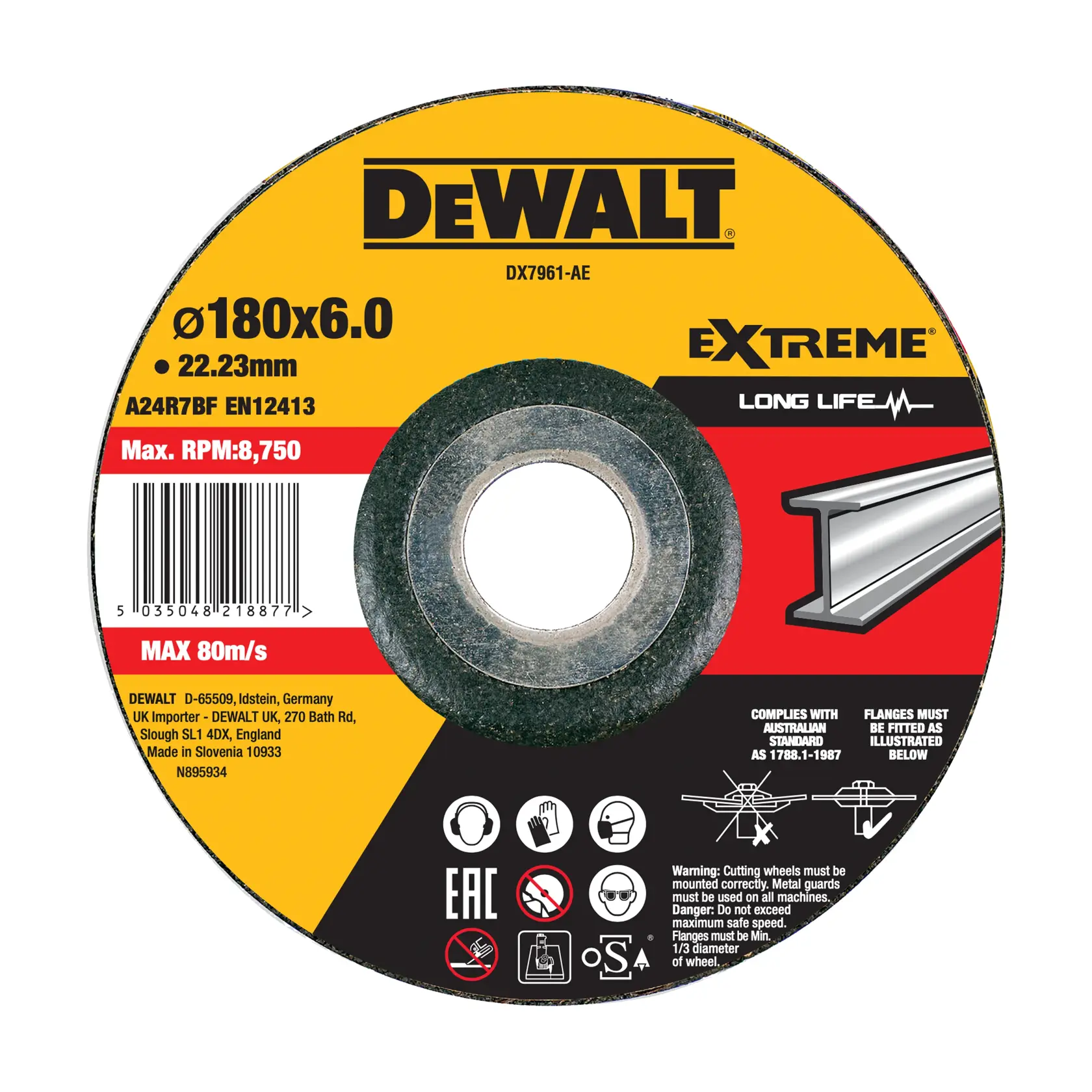 DEWALT DX7961 extreme cutting disc, diameter 180mm, for metal, maximum speed 8,750 RPM, long life.