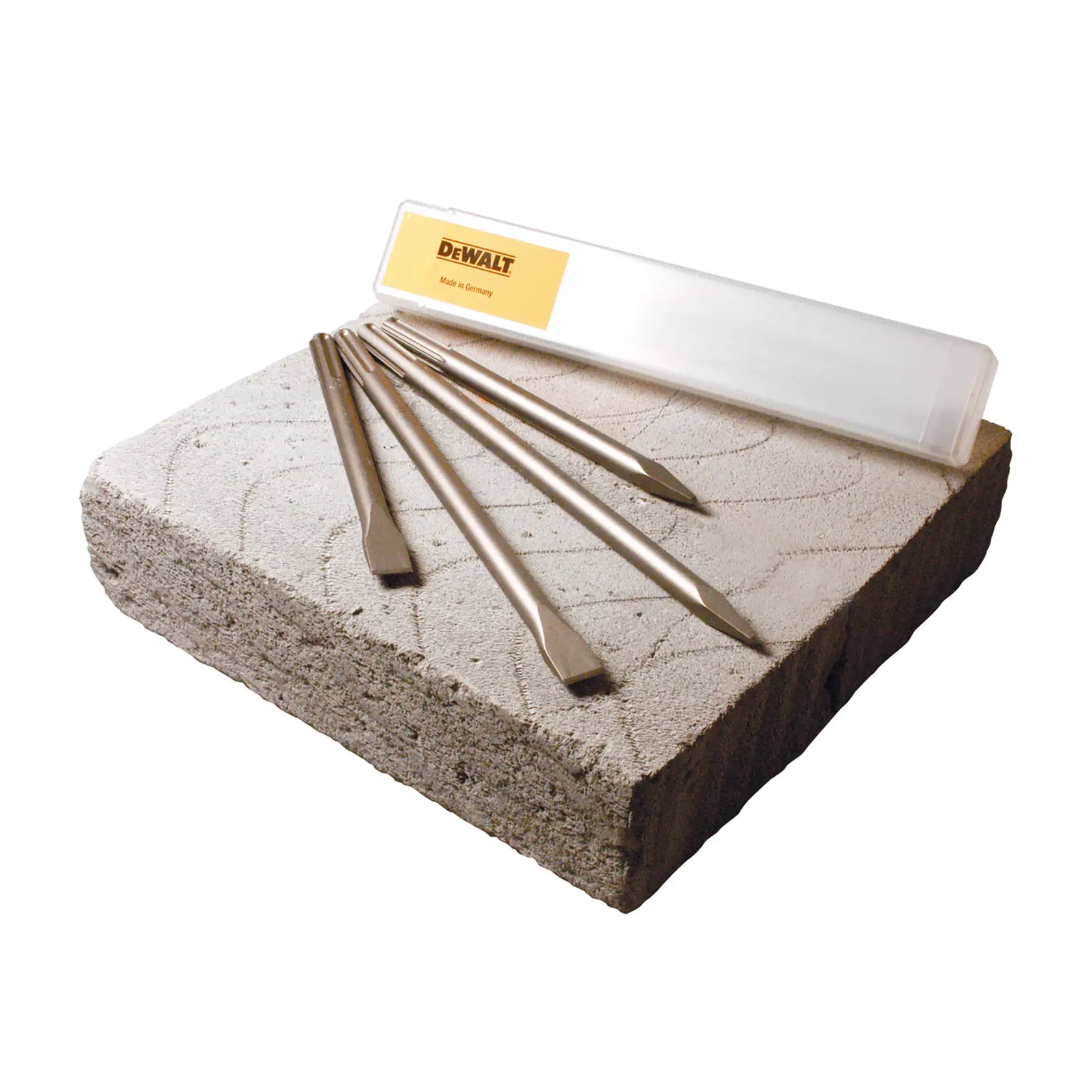 DEWALT SDS Max chisel set with four chisels and case on a concrete block.